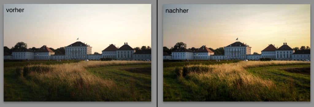 Fotobearbeitung mit Lightroom - Schloss Nymphenburg (München), vorher und nachher (Screenshot/Text: Skitch)