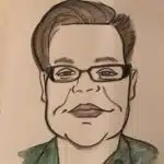 Eine farbige Skizze einer Person mit kurzen, dunklen Haaren, Brille und vollen Lippen. Die Person trägt ein Hemd mit Kragen und lächelt leicht. Der Schwerpunkt der Zeichnung liegt auf den Gesichtszügen, die durch kräftige Konturen und dezente Schattierungen Tiefe erhalten.