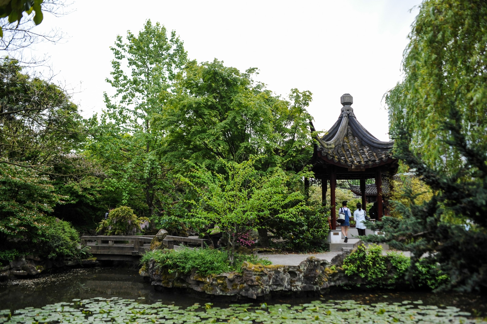 Eine ruhige Gartenszene mit einer traditionellen Pagode, die an die Ära von Sun Yat-Sen erinnert, ist von üppigen grünen Bäumen umgeben. Im Vordergrund liegt ein Teich mit Seerosenblättern. Zwei Personen stehen in der Pagode, die mit kunstvollen, geschwungenen Dachziegeln versehen ist. Die Atmosphäre ist friedlich und natürlich.