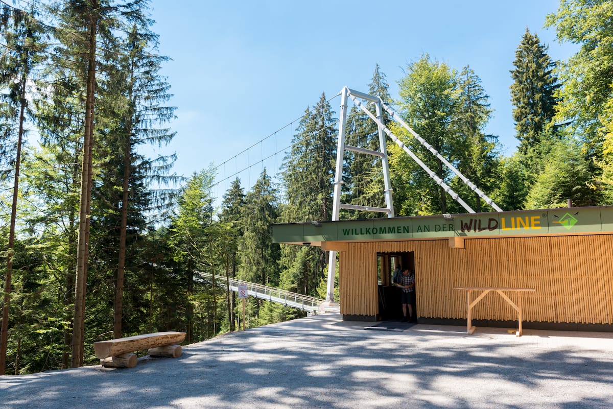 Eingang zur WildLine-Hängebrücke in der Nähe des Baumwipfelpfads, mit einem Holzgebäude mit der Aufschrift "Willkommen an der WildLine", einer Bank, zwei Personen, die aussteigen, und hohen grünen Kiefern unter einem klaren blauen Himmel.

Foto: Simon Bierwald/Indeed Photography