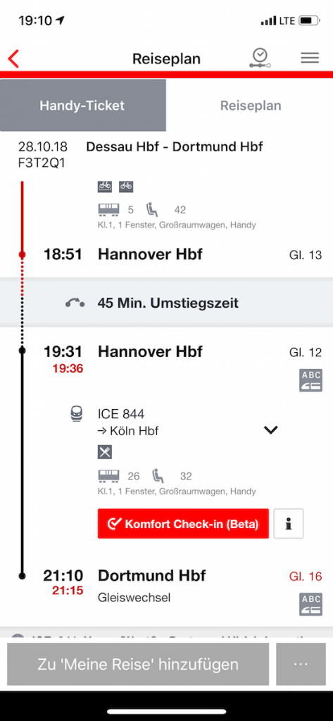 Deutsche Bahn Komfort Check-in im DB Navigator