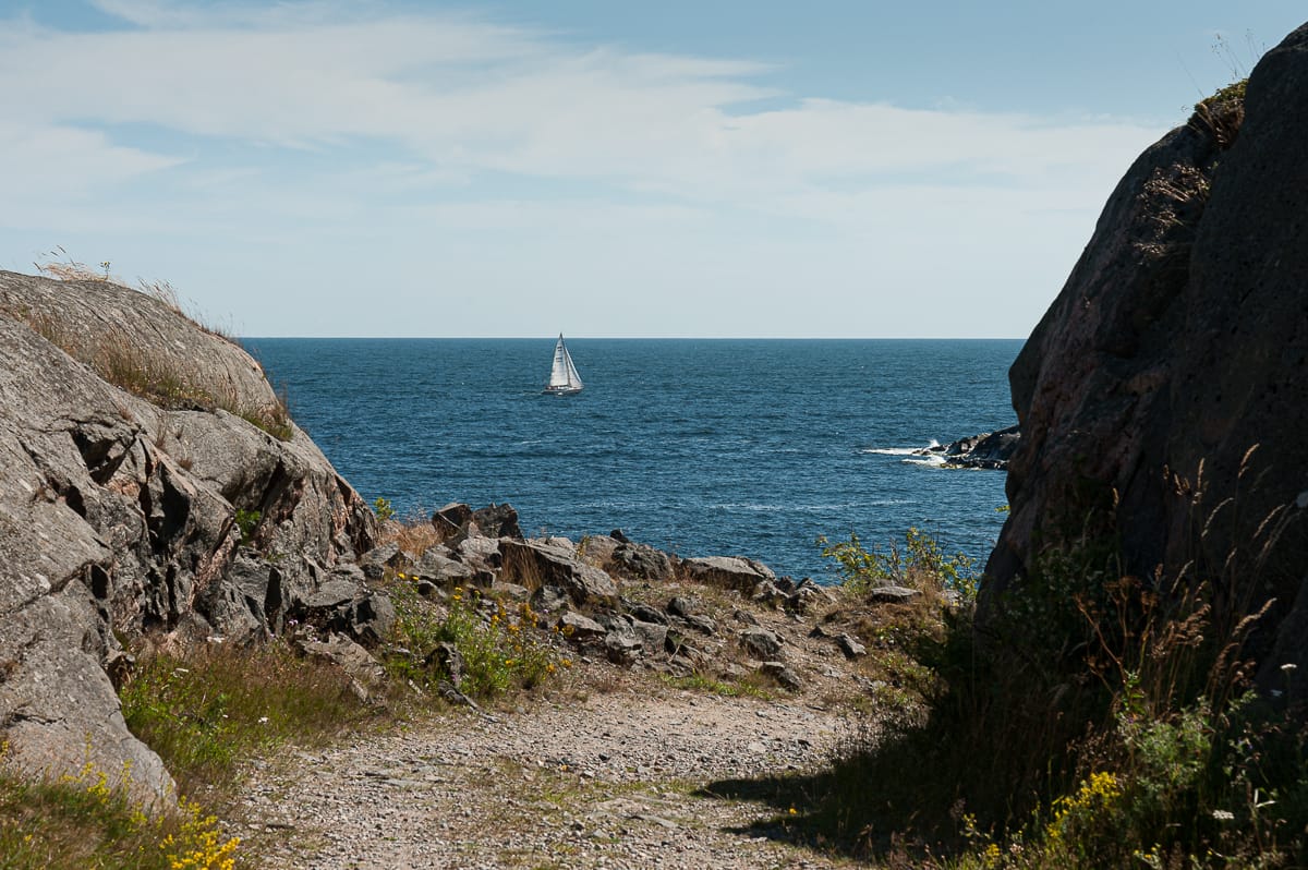 Idylle auf Landsort mit Segelboot am Horizont auf der Ostsee.