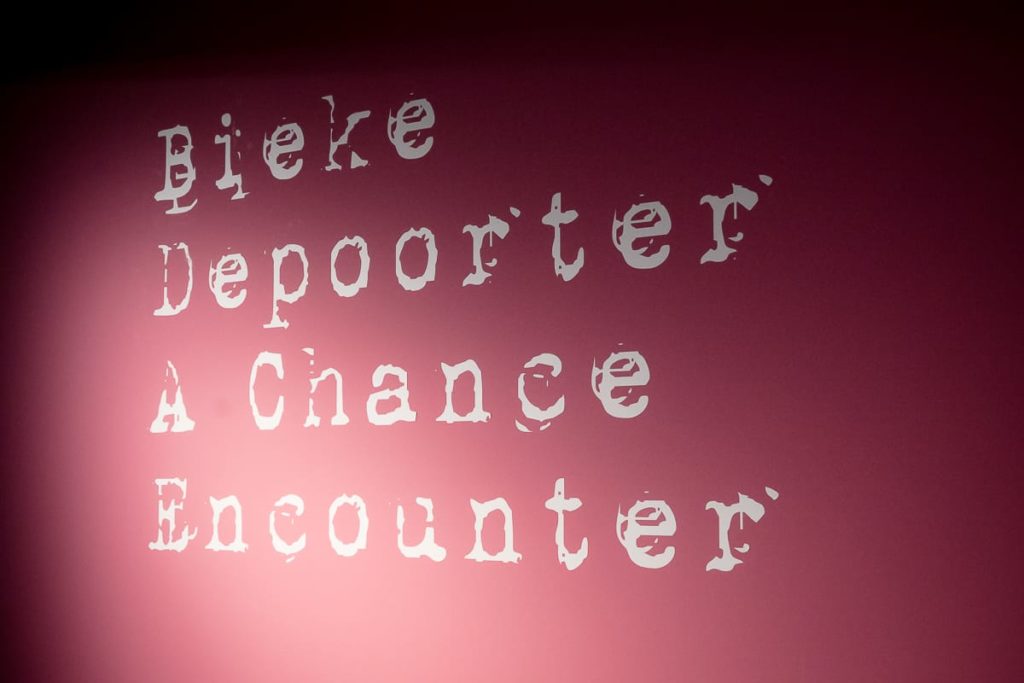 Weißer, verwitterter Text im Schablonenstil auf rotem Hintergrund lautet: „Bieke Depoorter –A Chance Encounter“ (Deutsch: eine zufällige Begegnung). Die Beleuchtung erzeugt auf der linken Seite ein sanftes Highlight, während der restliche Hintergrund im Schatten liegt.

Bieke Depoorter Ausstellungsplakat "A Chance Encounter", C/O Berlin.