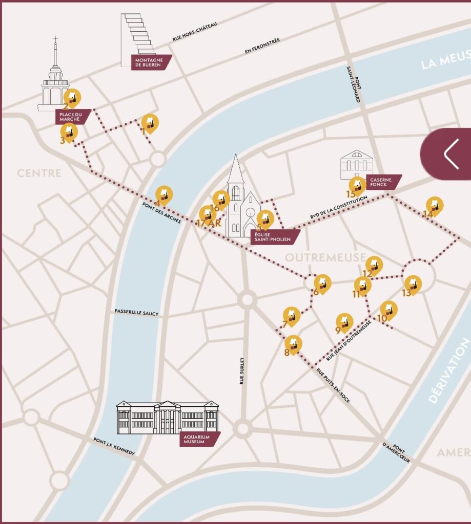 Karte mit der Tour "Auf den Spuren von Georges Simenon" aus der App "Parcours Simenon" - Karte von Lüttich mit den einzelnen Stationen, markiert durch Locationmarker, nummeriert. 