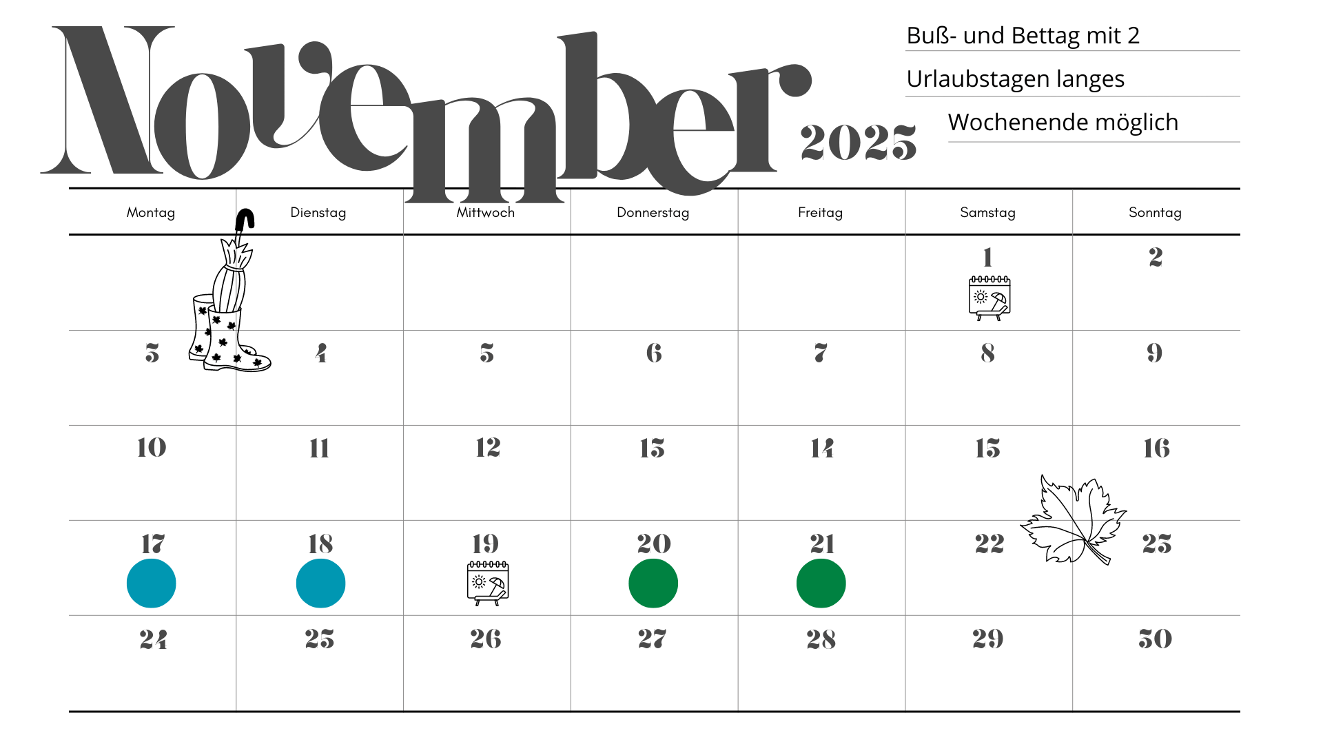 Kalenderblatt November 2025 mit eingezeichneten Urlaubstagen um den Buß- und Bettag (19.11.) herum sowie Feiertag am 01.11. (Allerheiligen) eingezeichnet.
