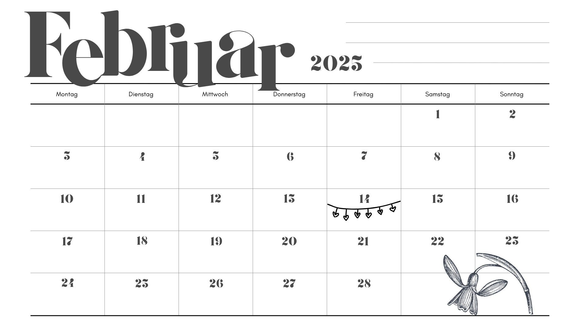Kalenderblatt Februar 2025 mit einer Herzchenkette am 14.02. (Valentinstag).