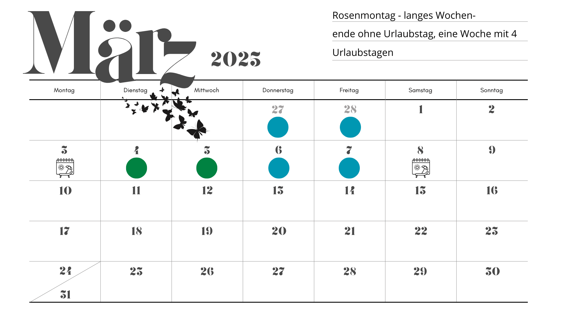 Kalenderblatt März 2025 mit eingezeichneten empfohlenen und optionalen Urlaubstagen 27./28.02. bis 07.03.2025 sowie den Feiertagen Rosenmontag (03.03.) und Internationaler Frauentag (08.03.)