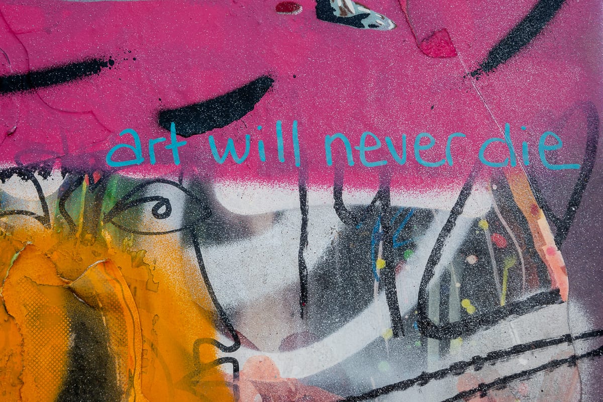 Graffiti mit oberen Drittel einfarbig, darauf Text "art will never die" (Kunst wird nie sterben) im NDSM Werft-Stadtteil in Amsterdam.