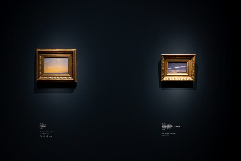 Zwei sehr kleine Bilder in Goldrahmen, quer, etwas weiter auseinander von Caspar David Friedrich, Kunsthalle Hamburg. Links: Abend, 1824, Öl auf Karton, Kunsthalle Mannheim. Rechts: Abendlicher Wolkenhimmel, 1824, Öl auf Leinwand, Belvedere, Wien.