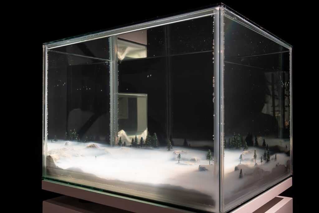 Eine Art Aquarium, gefüllt mit einer Flüssigkeit und kleinen Landschaften - Mariele Neudecker, Gravity Prevents the Atmosphere from Drifting into Outer Space, 2001, Mixed Media (Glas, Wasser, Acrylmedium, Salz, Fiberglas, Kunststoff), mit Sockel, Sammlung Catherine Loewe.