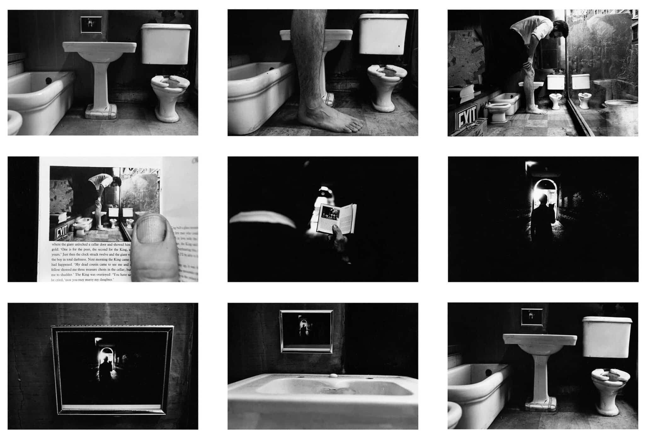 Bilderfolge aus 9 Bildern in 3x3 Reihen. Bilder sind von Duane Michals, Things Are Queer, 1973, 9 Silbergelatineabzüge, je 12,5x18 cm, aus einer Privatsammlung. Es wird eine Geschichte erzählt, in der immer wieder eines der vorherigen Bilder in einer Reihe Teil der nachfolgenden Reihe ist.