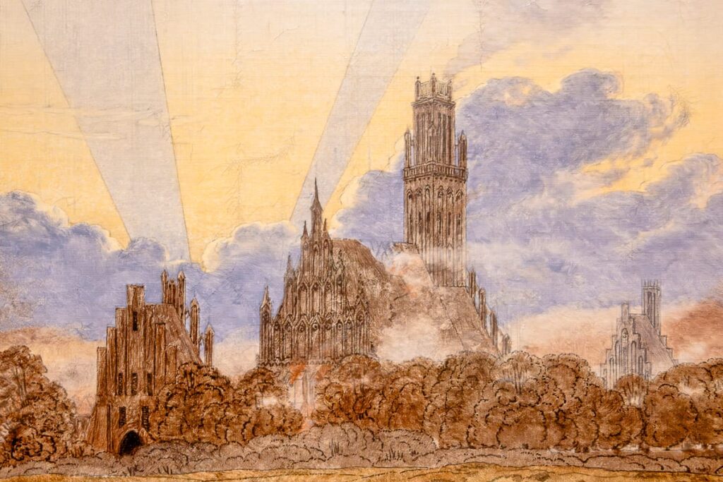 Detail aus Caspar David Friedrich "Das brennende Neubrandenburg" (um 1834), bei den man die Bleistiftzeichnungen der Kathedrale, anderer Gebäude und Sonnenstrahlen gut sehen kann.