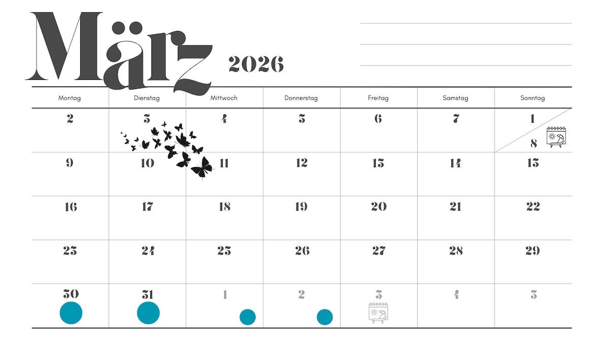 Kalenderblatt März 2026 mit eingezeichneten empfohlenen Urlaubstagen am 30./31.03. (und schwarch 01./02.04.) für Ostern sowie den Feiertag Internationaler Frauentag (08.03.)