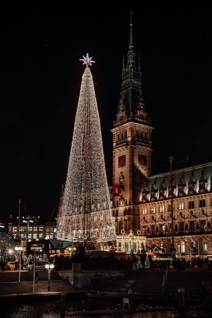 Ein großer Weihnachtsbaum, geschmückt mit weißen Lichtern und einem leuchtenden Stern an der Spitze, steht vor einem beleuchteten historischen Gebäude mit einem Uhrturm. Die Szene spielt sich nachts ab, wobei festliche Dekorationen und Lichter eine warme, einladende Atmosphäre schaffen.