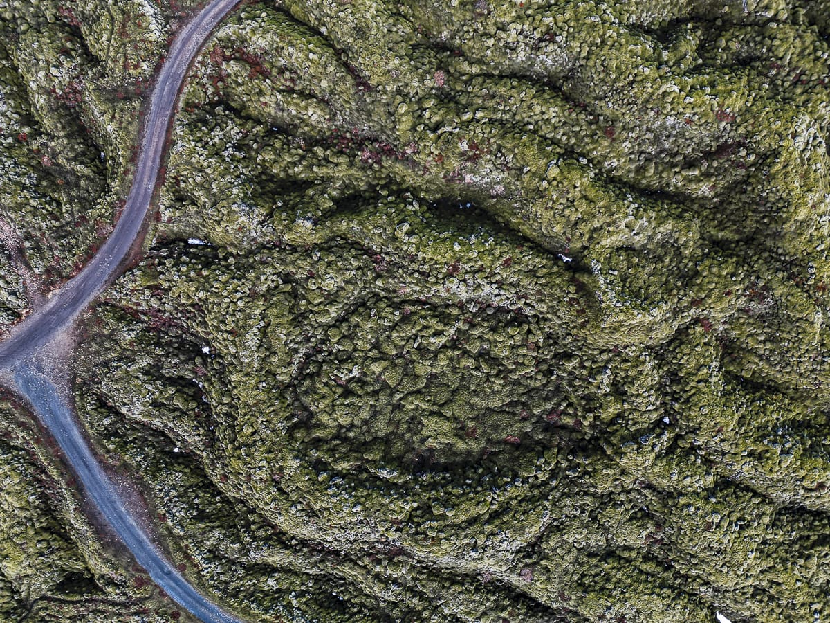 Luftaufnahme einer kurvenreichen Straße, die durch eine üppige, grüne, mit Moos bedeckte Landschaft auf Island führt. Das Gelände weist wellenförmige Muster und einige verstreute weiße Flecken auf, möglicherweise Felsen oder kleine Teiche. Die Straße macht in der oberen linken Ecke eine Kurve und bildet einen Kontrast zur lebendigen Naturlandschaft.