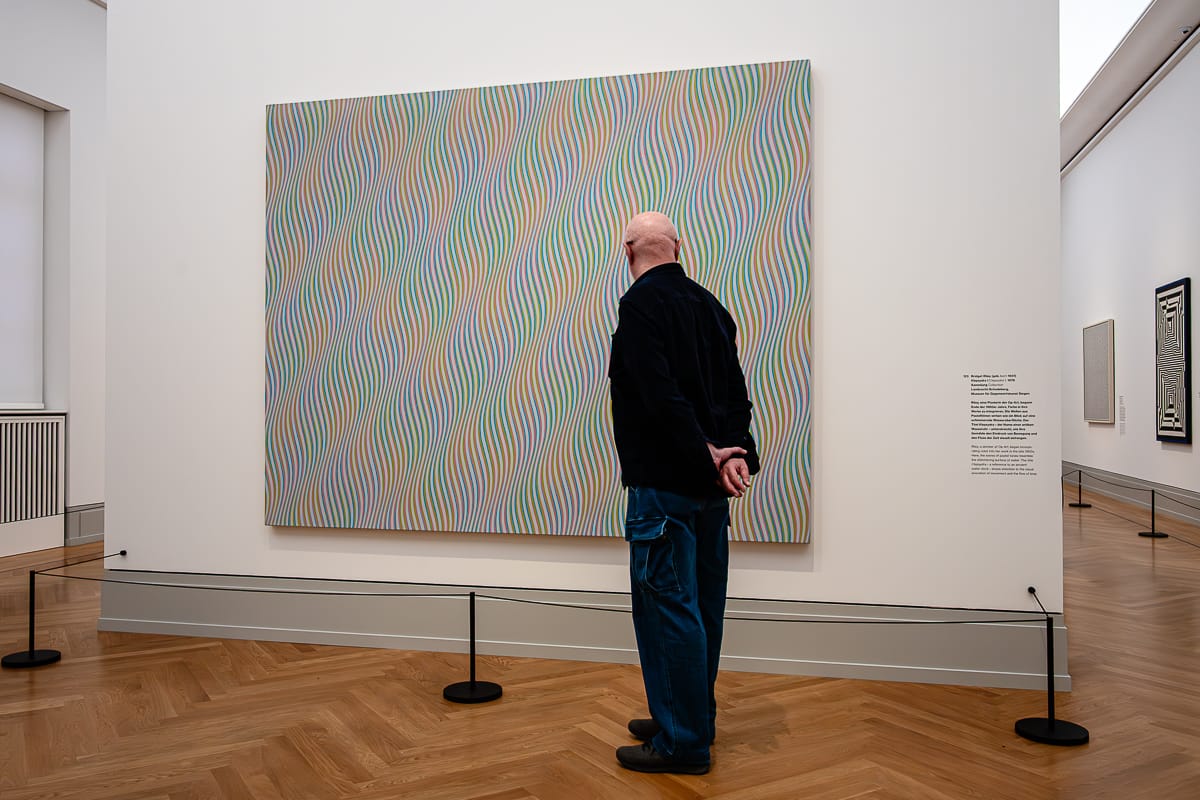 Ein Mann steht mit verschränkten Händen in einer Kunstgalerie vor einem großen abstrakten Gemälde mit wellenförmigen, bunten Linien an einer weißen Wand. Der Boden ist aus Holz, und vor dem Kunstwerk ist eine kurze schwarze Absperrung aus Seilen angebracht.