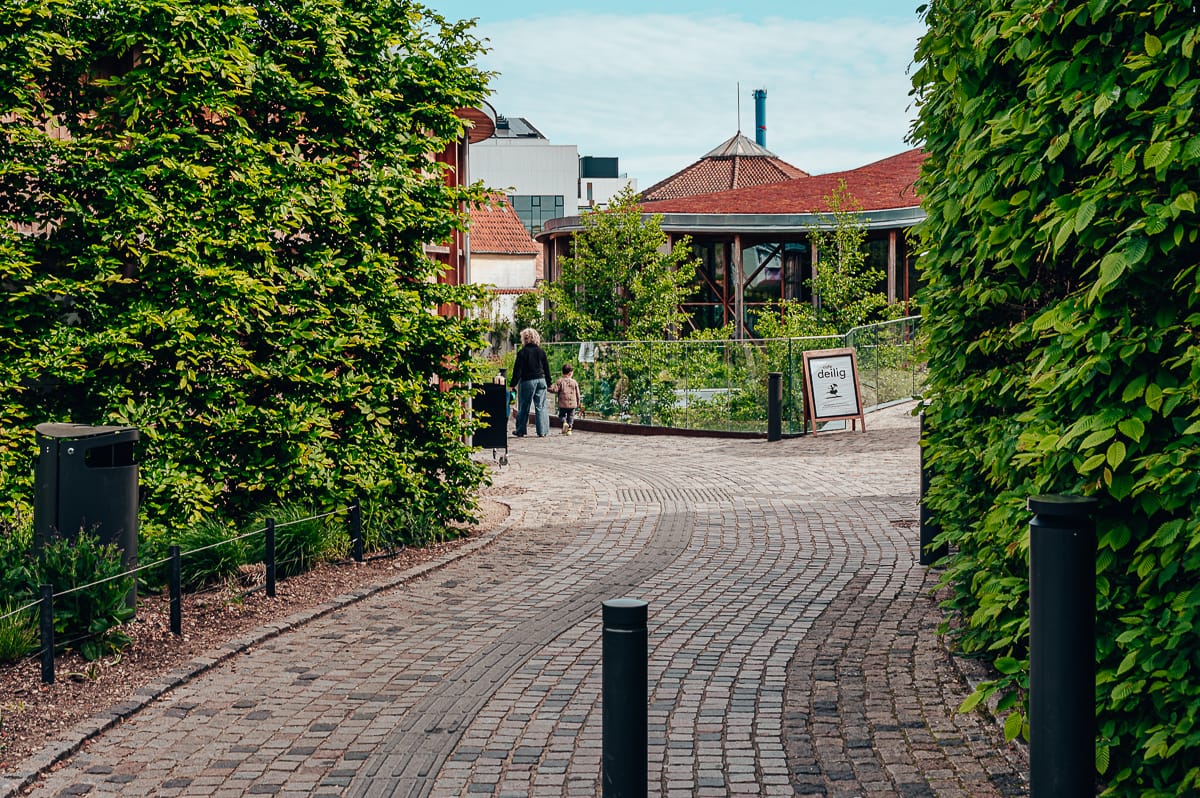 Ein kopfsteingepflasterter Weg schlängelt sich durch einen üppigen Garten mit hohen grünen Hecken auf beiden Seiten. Eine Person und ein Kind gehen voraus, in Richtung eines runden Gebäudes mit großen Fenstern unter einem strahlend blauen Himmel. Rechts steht ein Schild für das Café deilig.