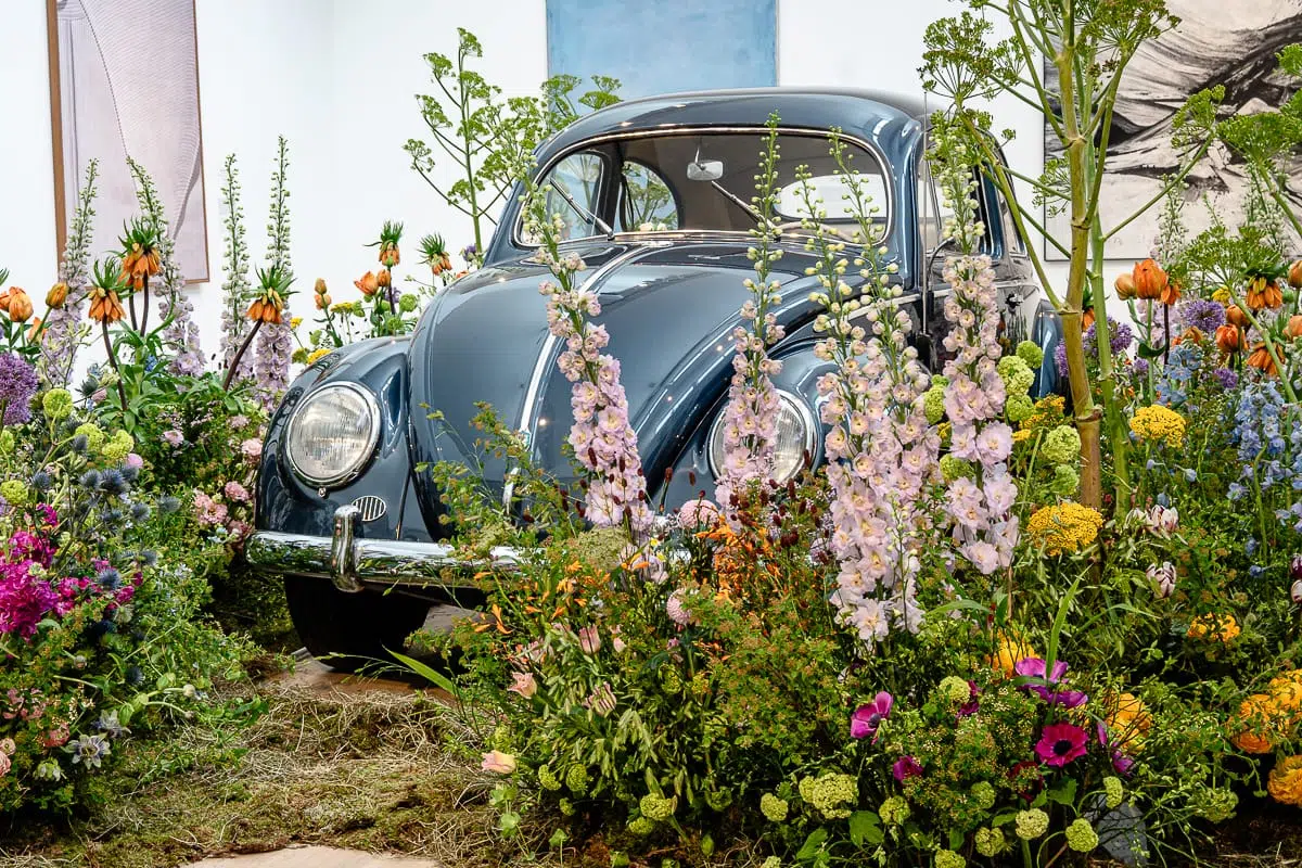 Ein klassischer blauer Volkswagen Käfer ist von einer lebendigen Mischung aus farbenfrohen Blumen und üppigem Grün im Kunstpalast Düsseldorf umgeben. Hohe, blühende Pflanzen verdecken teilweise das Auto inmitten abstrakter Wandkunstwerke im Hintergrund.